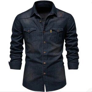 Aiopeson Premium Dark Wash Distressed Button Up Long Sleeve Denim Shirt Mens L